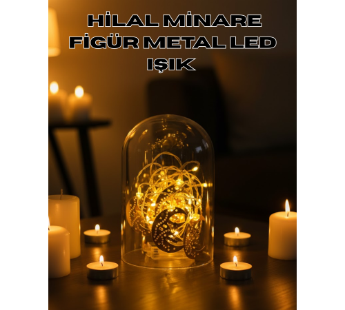 Ramazan Minare Detaylı Hilal LED Işık Günışığı Sarı Metal Süs