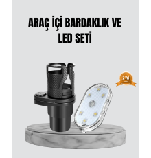 360° Döner Çiftli Bardak Tutucu ve Kablosuz Ambiyans LED Işık Araç Seti
