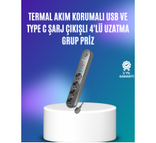 4’lü Çoklu Priz 2 USB Type-C Girişli Akım Korumalı Siyah