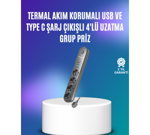 4’lü Çoklu Priz 2 USB Type-C Girişli Akım Korumalı Siyah