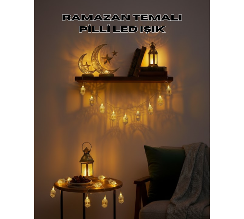Altın Fener Detaylı Pilli Ramazan LED Işık Ev Dekorasyonu