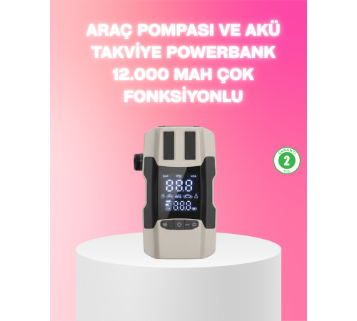 Araç Hava Pompası ve Akü Takviye Powerbank 12.000 mAh Çok Fonksiyonlu
