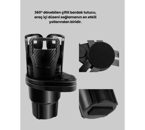 360° Döner Çiftli Bardak Tutucu ve Kablosuz Ambiyans LED Işık Araç Seti