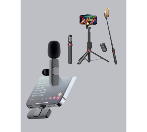 Kablosuz Çift Yaka Mikrofonu ve Tripodlu Selfie Çubuğu İçerik Üretici Seti