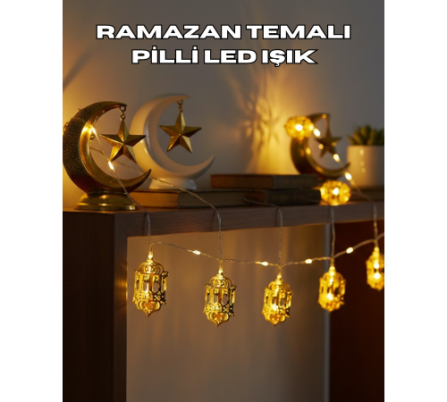 Ramazan Dekoru İçin Pilli LED Işık Altın Fener Tasarımlı
