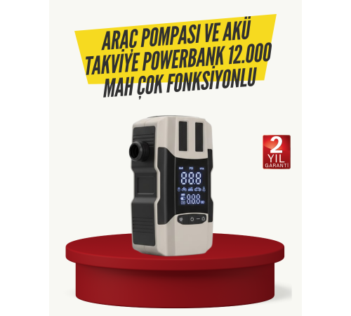 Araç Lastik Şişirme Pompası ve Akü Takviye Powerbank Bir Arada