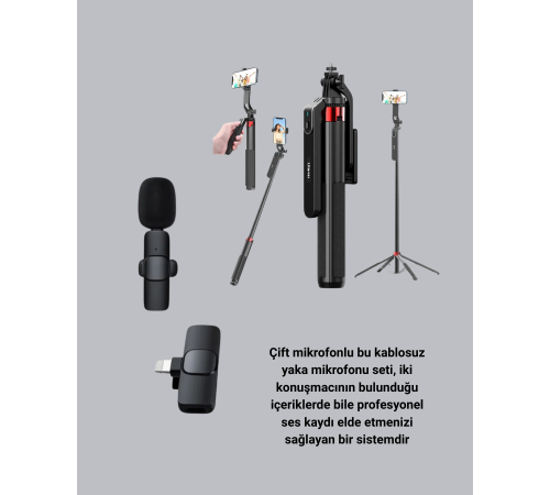 Kablosuz Çift Yaka Mikrofonu ve Tripodlu Selfie Çubuğu İçerik Üretici Seti