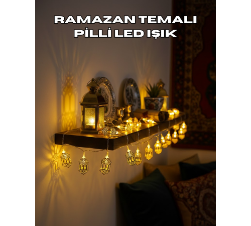 Pilli Altın Fenerli Ramazan Işıkları Dekoratif LED Zincir