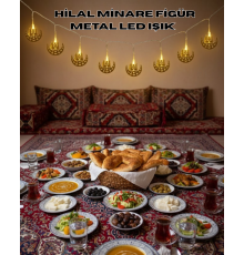 Pilli Minareli Hilal LED Işık Gold Metal Ramazan Dekorasyonu