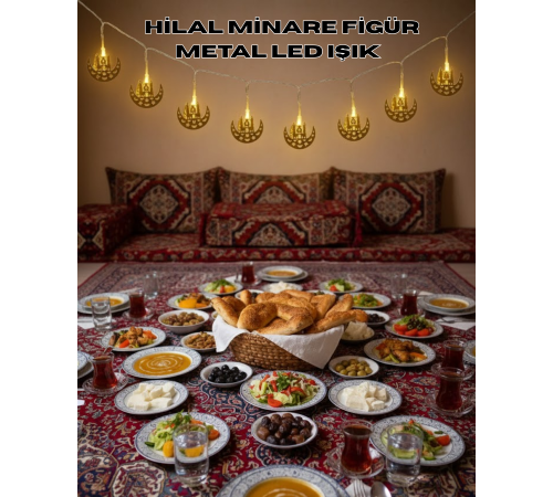 Pilli Minareli Hilal LED Işık Gold Metal Ramazan Dekorasyonu