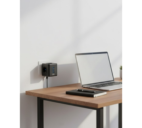 Akım Korumalı Küp Priz 3 Priz Girişi ve 3 USB Şarj Özellikli