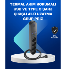 Akıllı Akım Dengelemeli 4’lü Çoklu Priz Type-C ve USB Çıkışlı