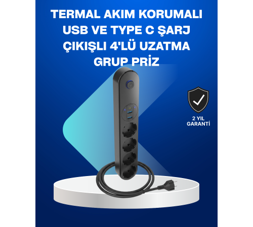 Akıllı Akım Dengelemeli 4’lü Çoklu Priz Type-C ve USB Çıkışlı