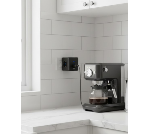 Akım ve Voltaj Korumalı Küp Priz 3 USB Destekli