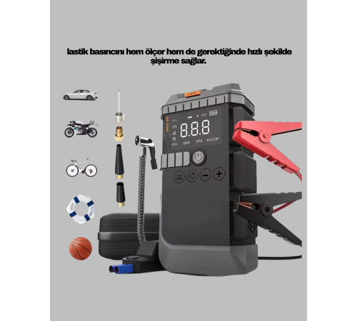 Şarjlı 12000 mAh Araç Akü Takviye ve Hava Kompresörü 4’ü 1 Arada