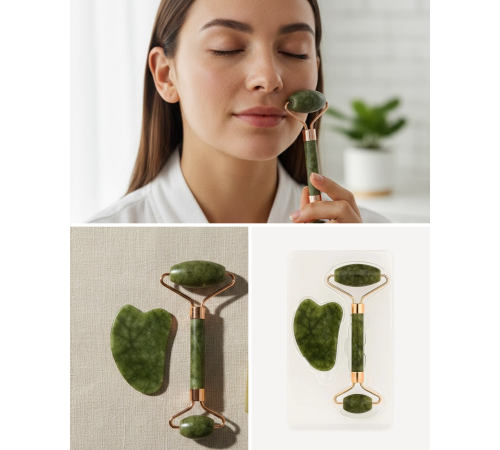 Doğal Yeşim Taşı Yüz Masaj Roller ve Gua Sha Seti 2 Parça