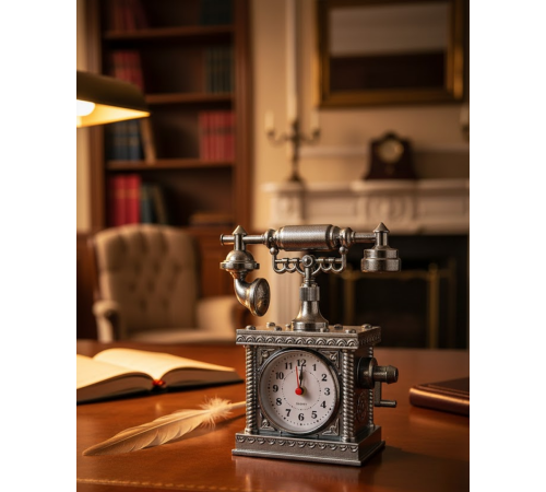 Vintage Telefon Tasarımlı Masa Saati ve Çalar Saat Dekoratif Model