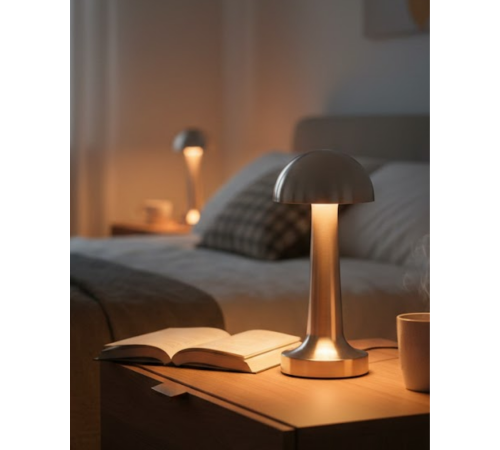 Mantar Masa Lambası Dokunmatik 3 Renk Işık Şarjlı Kablosuz Modern Krom Tasarım