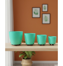 4’lü 3D Yeşil Dekoratif Vazo Seti Modern Ayaklı Şık Saksı Takımı