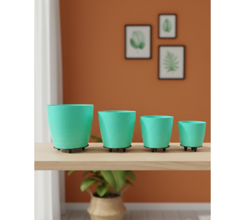 4’lü 3D Yeşil Dekoratif Vazo Seti Modern Ayaklı Şık Saksı Takımı