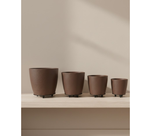 4’lü 3D Kahverengi Dekoratif Vazo Seti Modern Ayaklı Şık Saksı Takımı