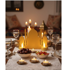 3D İki Mumlu Cami Dekor 2 Pilli LED Mum Hediyeli Masa Üstü Süs