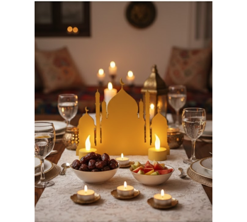 3D İki Mumlu Cami Dekor 2 Pilli LED Mum Hediyeli Masa Üstü Süs