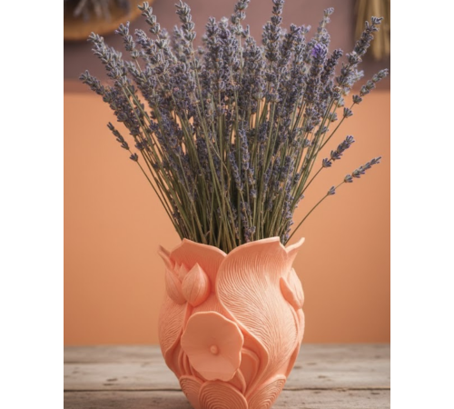 Turuncu Çiçek Desenli 3D Dekoratif Vazo Modern Masaüstü Aksesuar