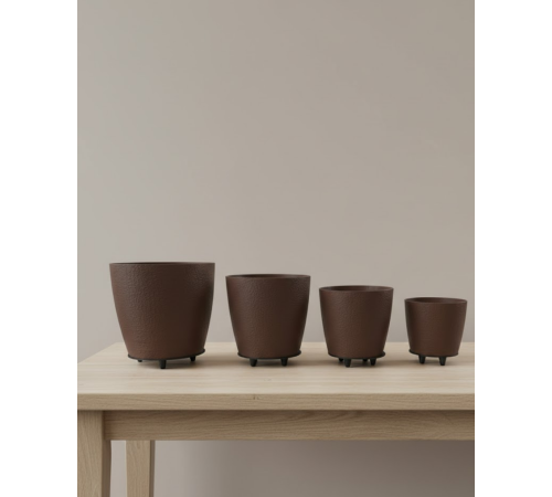 4’lü 3D Kahve Tonlu Ayaklı Saksı Seti Modern Dekoratif Vazo Takımı