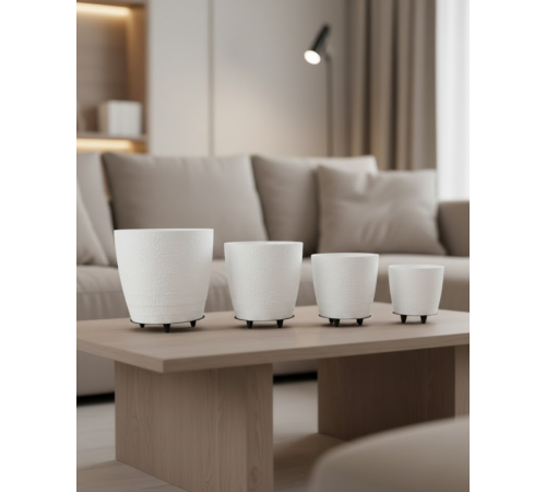 4’lü 3D Beyaz Ayaklı Saksı Seti Modern Minimal Dekoratif Vazo