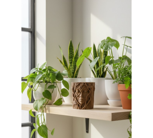 3D Ağaç Gövdesi Formlu Yüz Figürlü Dekoratif Saksı Sanatsal Tasarım Vazo