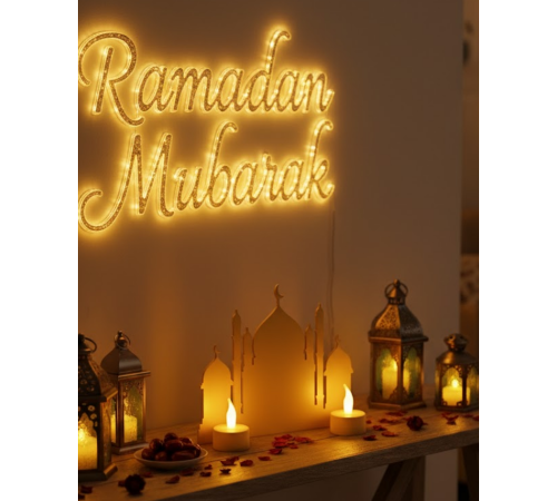 3D Cami Siluet Dekor 2 Pilli Mum Dahil Ramazan Masa Üstü