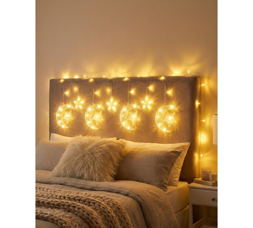 Ramazan İçin Hilal Yıldız Işık Zinciri Yanıp Sönen ve Sabit Modlu