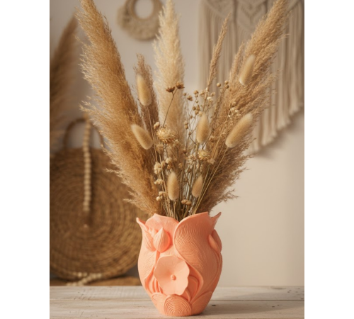 3D Özel Baskı Turuncu Çiçekli Dekoratif Vazo Salon Ofis Dekoru