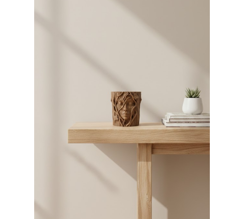 3D Doğal Ahşap Görünümlü Yüz Detaylı Dekoratif Vazo Sanat Tasarım