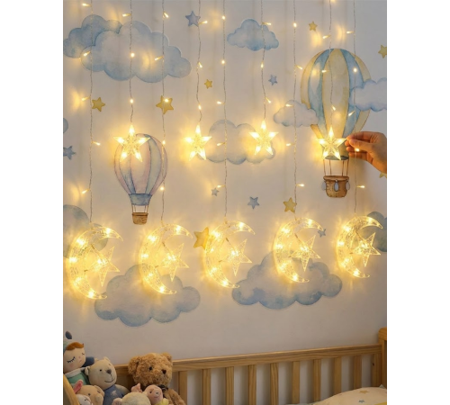 Dekoratif Ay Yıldız Perde Işığı Sıcak Beyaz Festival ve Ev Süsleme