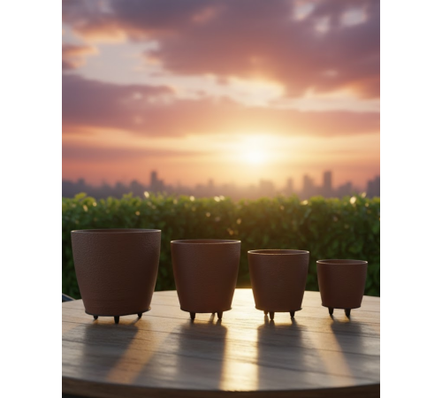 4’lü 3D Kahverengi Ayaklı Dekoratif Saksı Takımı Modern Tasarım