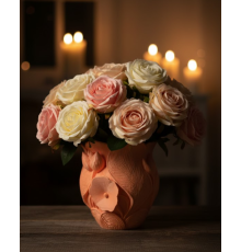 3D Kabartmalı Çiçek Motifli Turuncu Dekoratif Vazo