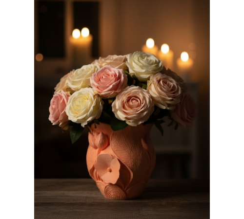 3D Kabartmalı Çiçek Motifli Turuncu Dekoratif Vazo