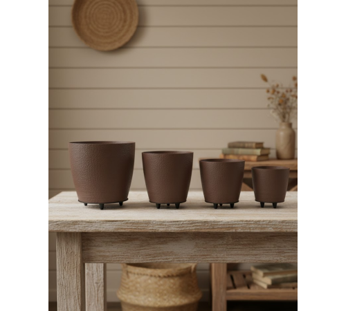 4’lü 3D Şık Kahverengi Vazo Seti Modern Ayaklı Saksı