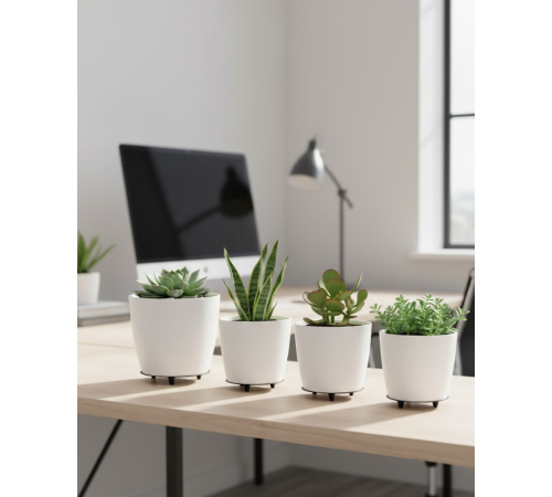 4’lü 3D Beyaz Minimal Dekoratif Vazo Ayaklı Saksı Takımı