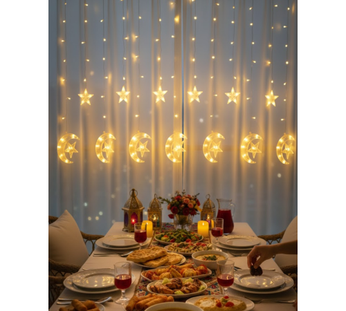 Sıcak Beyaz Ay Yıldız Işık Zinciri Parti Düğün Ramazan Dekoru