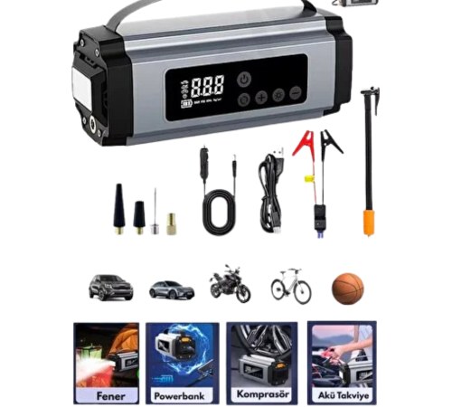 Dijital Göstergeli Akü Takviye Cihazı Lastik Şişirme Powerbank ve LED Işık Özellikli