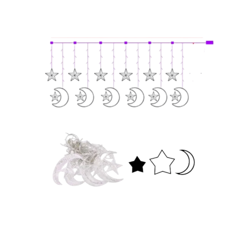 Hilal Yıldız Perde LED Işık 2 Modlu Sıcak Beyaz Dekoratif Aydınlatma