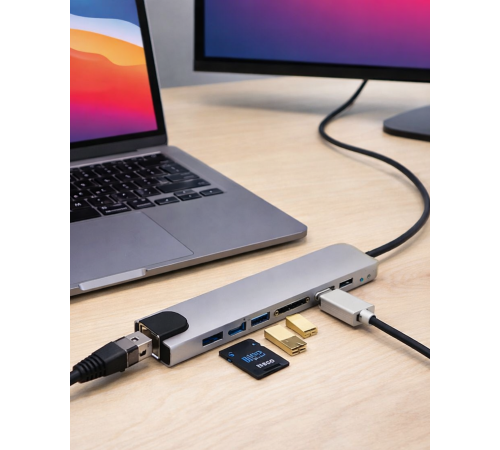 8 Port Type C Hub USB HDMI RJ45 SD TF Kart Okuyucu Çoklayıcı