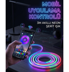 3 Metre RGB Neon LED Şerit Işık Su Geçirmez Kumandalı ve Uygulama Kontrollü Dekoratif Aydınlatma
