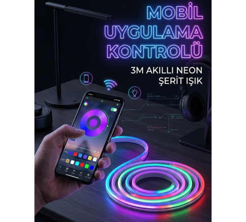 3 Metre RGB Neon LED Şerit Işık Su Geçirmez Kumandalı ve Uygulama Kontrollü Dekoratif Aydınlatma