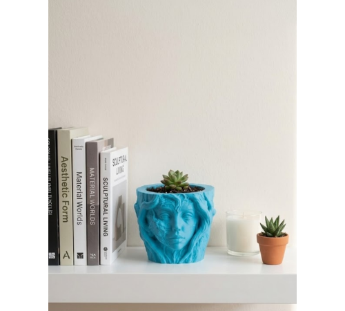 Sanatsal Kadın Yüzü Ağaç Detaylı 3D Baskı Dekoratif Vazo Saksı