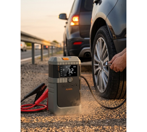 Araç Akü Takviye Powerbank Lastik Şişirme Kompresörü LED Işıklı Çok Fonksiyonlu Acil Durum Cihazı