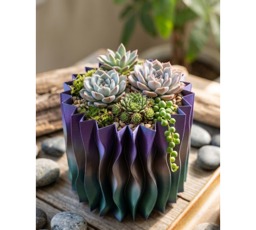 Estetik Dalga Formlu Mor 3D Baskı Dekoratif Vazo Modern Ev Aksesuarı